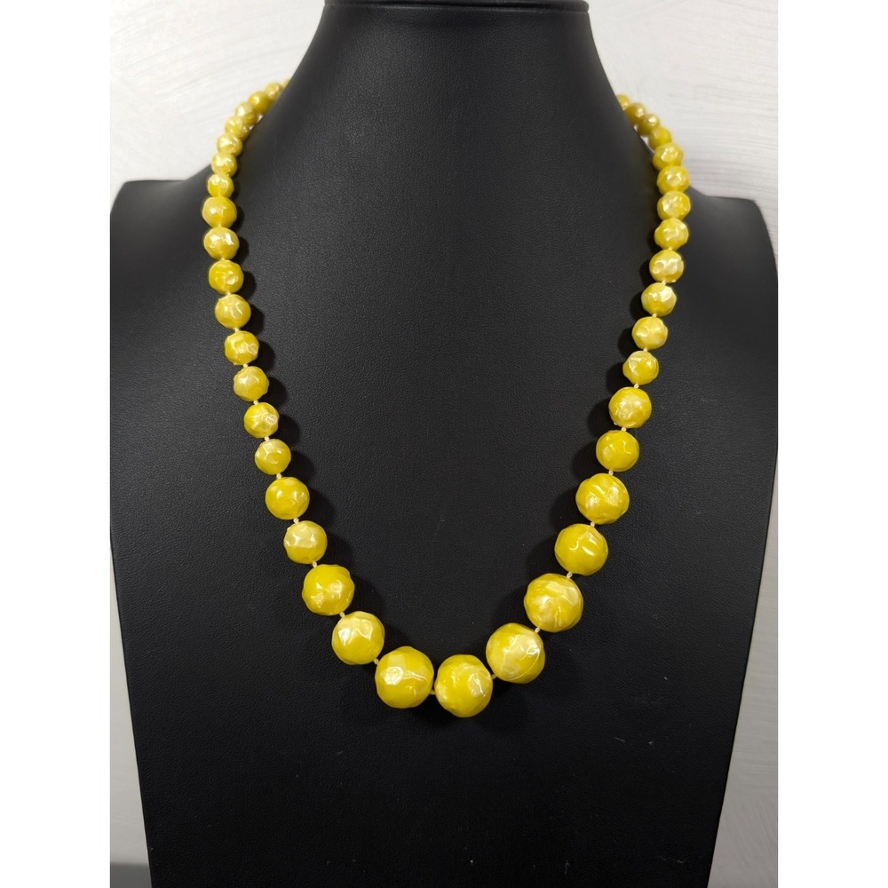 Vintage Yellow Carved Style Graduated Lucite Bead Necklace Mid Century 23"